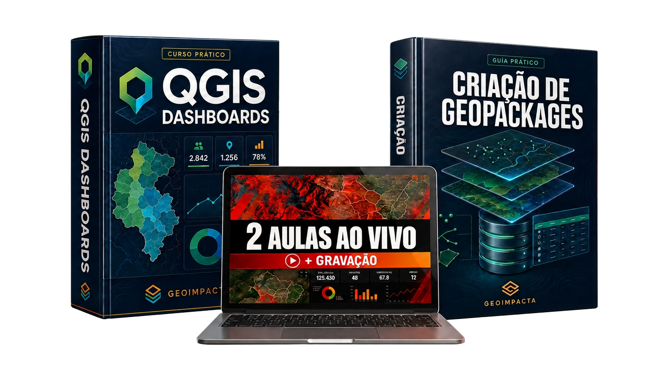 Mockups do curso QGIS Dashboards, aulas ao vivo e guia de criação de GeoPackages